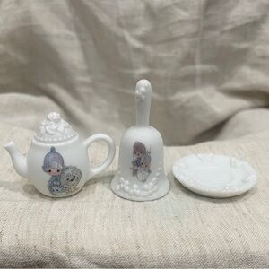 Charming Precious Moments White Miniature Tea Set with Illustrations